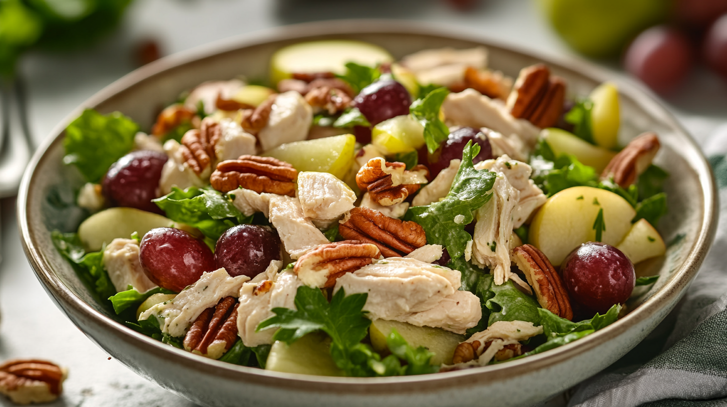 Bowl of Fancy Nancy chicken salad with grapes, apples, and pecans.(Does Fancy Nancy Have Celery in It?)