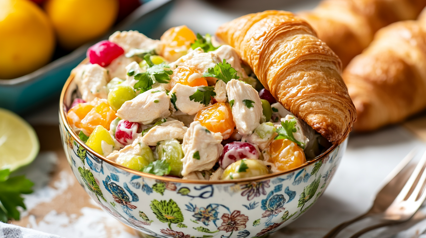 A bowl of Fancy Nancy Chicken Salad with grapes, apples, pecans, and a side of croissants.