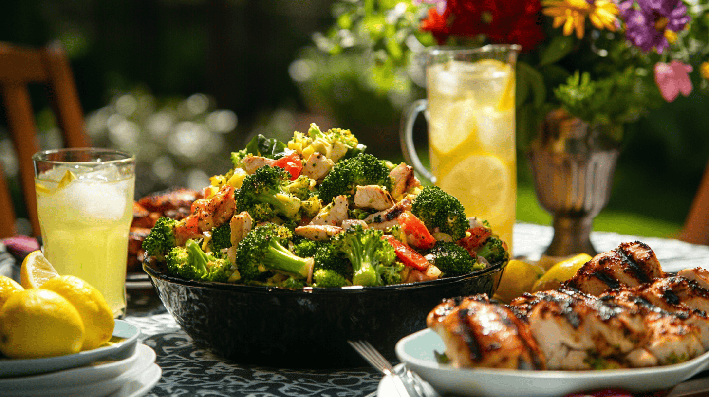 Chicken Salad Chick broccoli salad served as the centerpiece on a festive dinner table with other dishes.