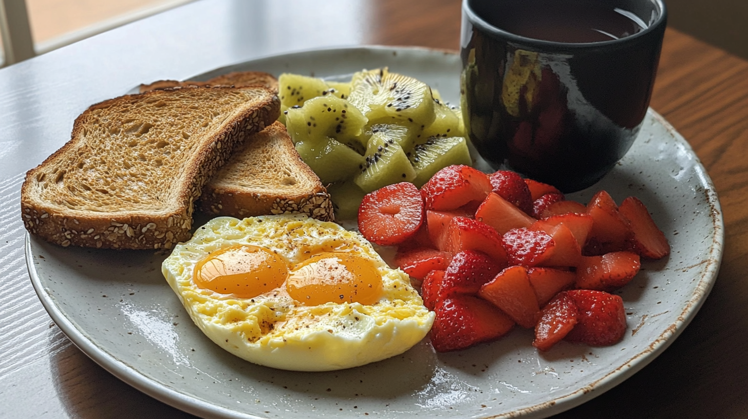 What is the most important meal today? A balanced breakfast plate with eggs, whole-grain toast, and fruit.