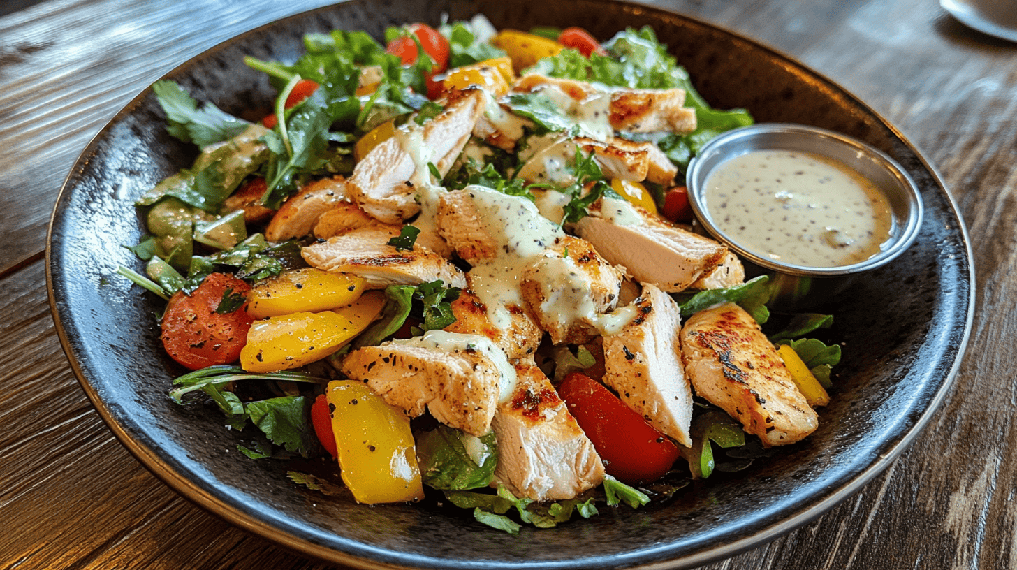 A plate of chicken salad with creamy sauce, garnished with fresh herbs and vegetables, placed on a wooden table with a bowl of dressing.