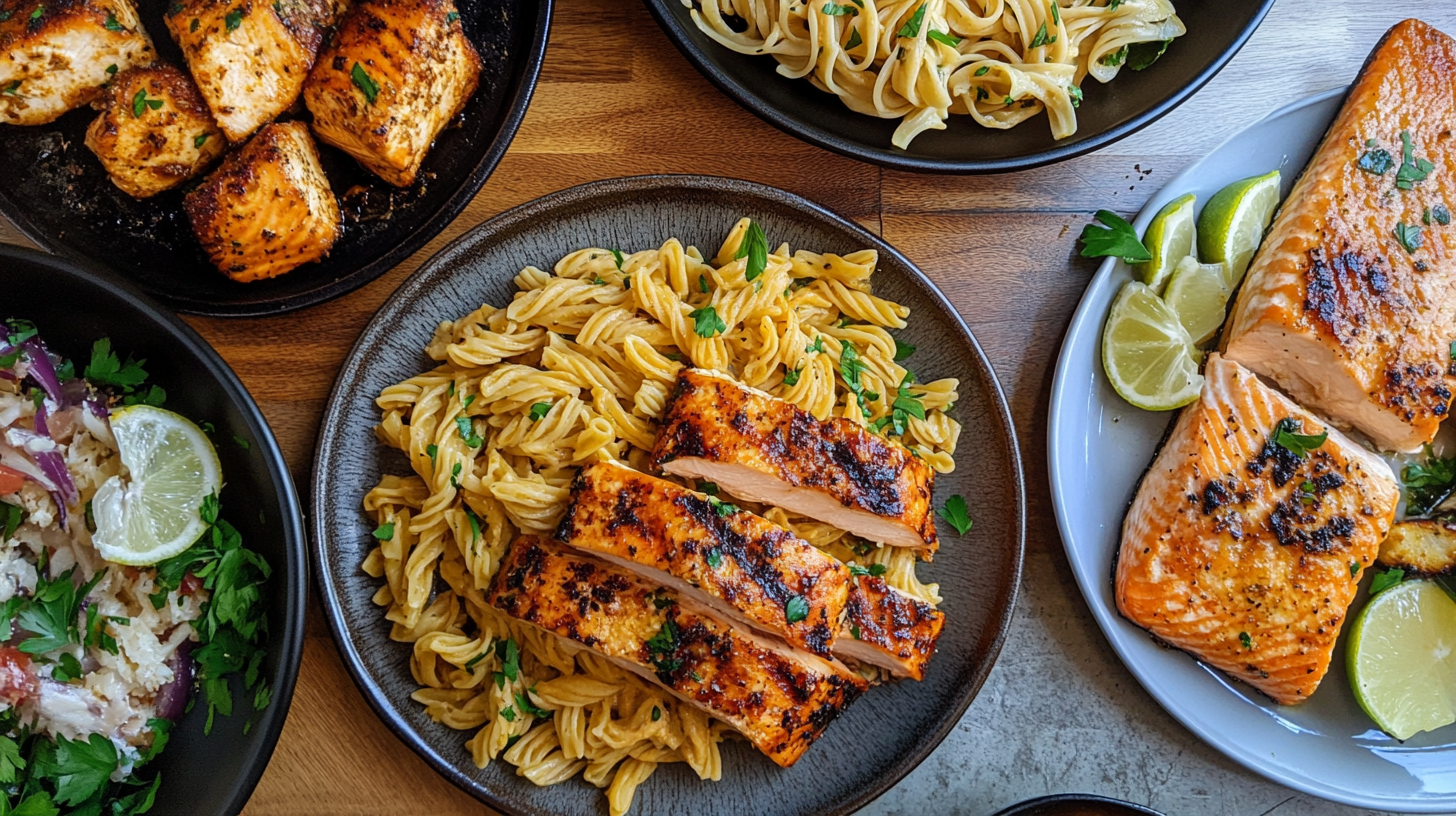 A selection of satisfying dinner options like sheet-pan chicken, spaghetti with meatballs, and grilled salmon with asparagus. (What Should I Eat Today? )