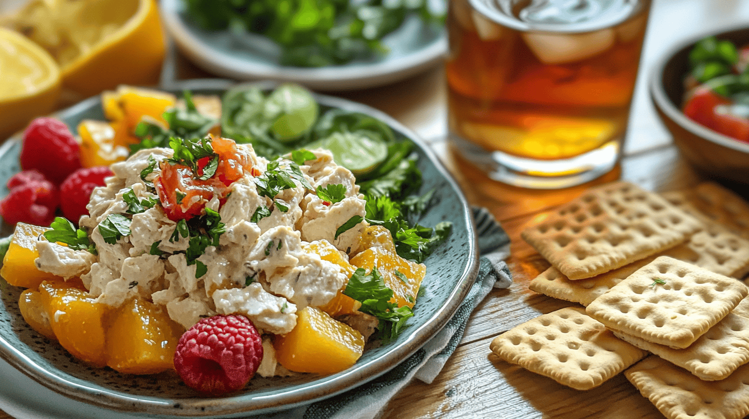 Plate of fresh chicken salad garnished with herbs, served with crackers and fruit, next to a glass of iced tea on a wooden table.(What is chicken salad chick chicken salad made of?)