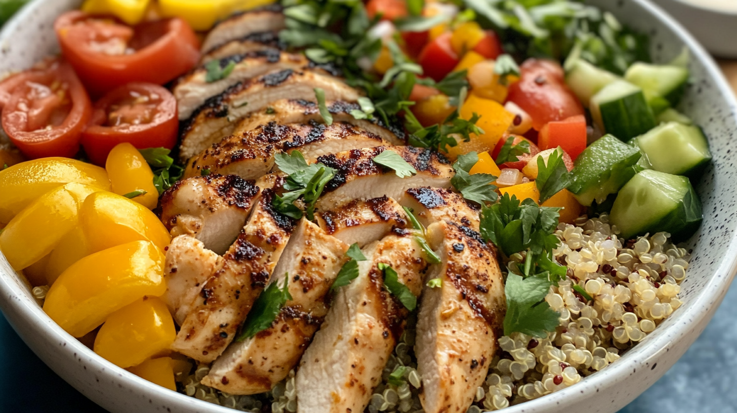 Colorful quinoa bowl with toppings, showing ways to pimp up quinoa with herbs, protein, and sauces.